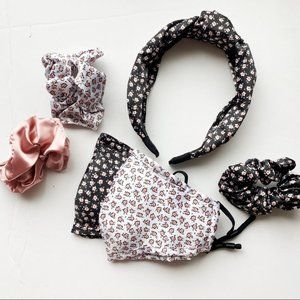 French Connection Women,'s  Black Calico Print Face Mask Headband Set